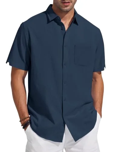 JEKAOYI Men's Patch Pocket Linen Shirt in Navy