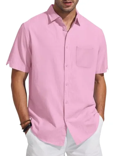 JEKAOYI Men's Patch Pocket Linen Shirt in Pink