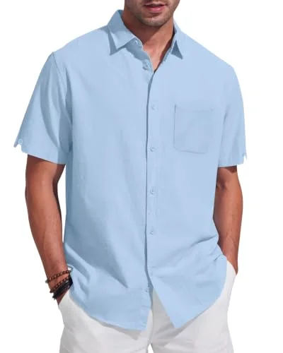 JEKAOYI Men's Patch Pocket Linen Shirt in Sky Blue