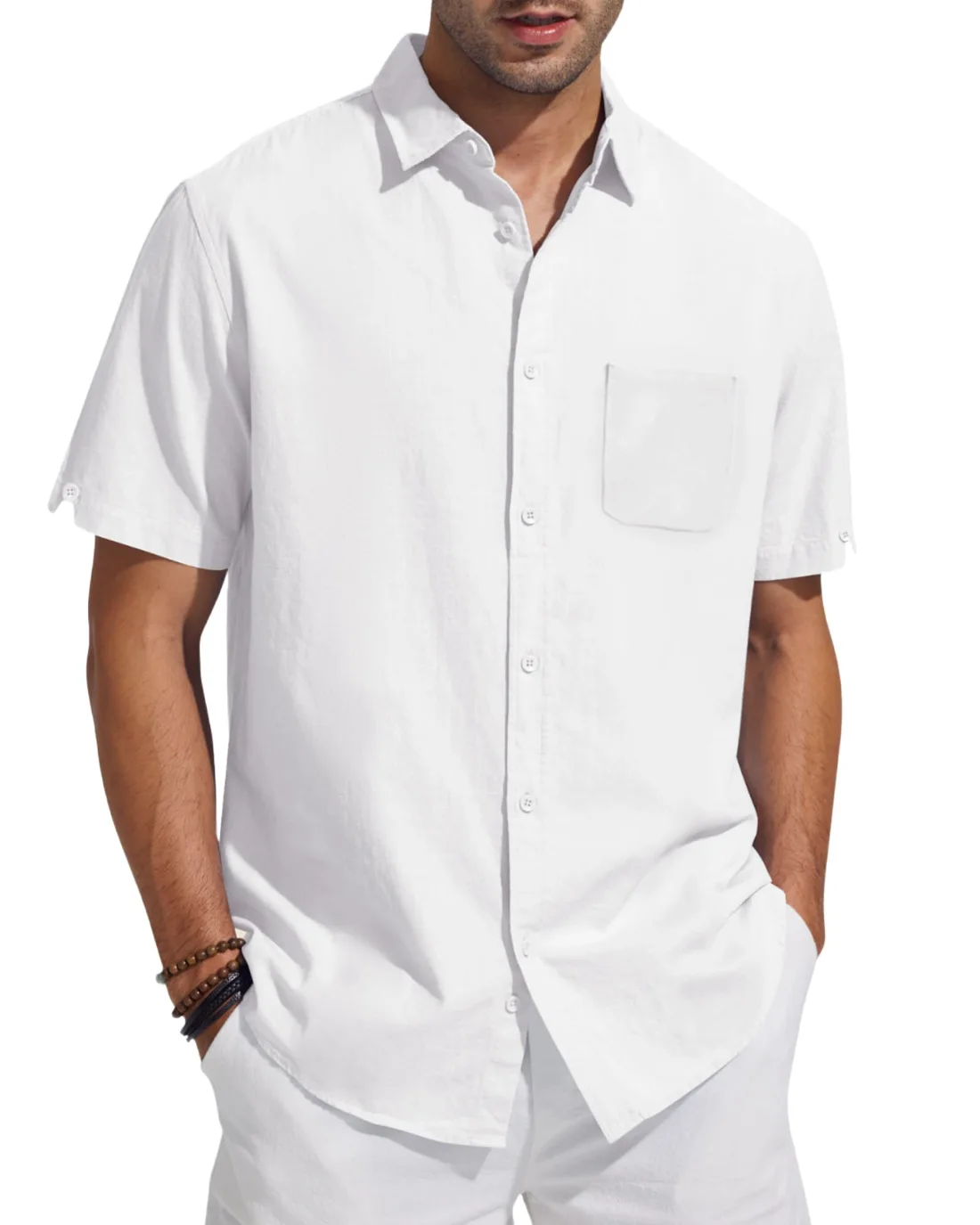 JEKAOYI Men's Patch Pocket Linen Shirt in White