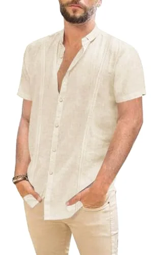 JEKAOYI Men's Pocket Mandarin Collar Shirt in Beige