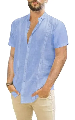 JEKAOYI Men's Pocket Mandarin Collar Shirt in Blue