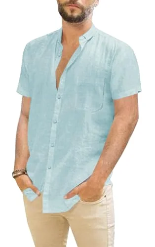 JEKAOYI Men's Pocket Mandarin Collar Shirt in Mint Blue
