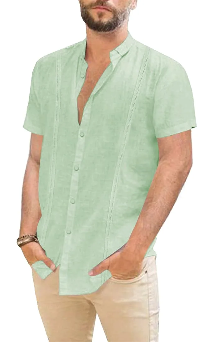 JEKAOYI Men's Pocket Mandarin Collar Shirt in Mint Green