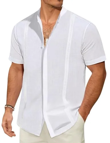 JEKAOYI Men's Pocket Mandarin Collar Shirt in White