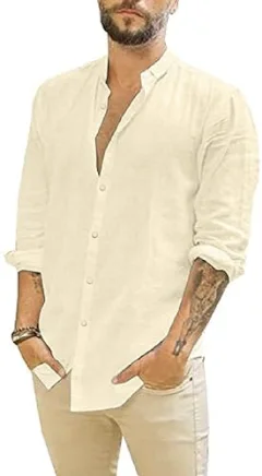JEKAOYI Men's Roll-Up Sleeve Linen Shirt in Beige