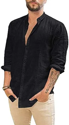 JEKAOYI Men's Roll-Up Sleeve Linen Shirt in Black