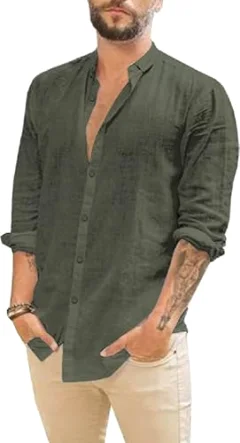 JEKAOYI Men's Roll-Up Sleeve Linen Shirt in Grayish Green