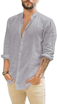 JEKAOYI Men's Roll-Up Sleeve Linen Shirt in Grey
