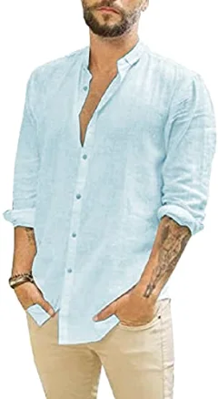 JEKAOYI Men's Roll-Up Sleeve Linen Shirt in Mint Blue
