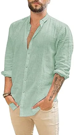 JEKAOYI Men's Roll-Up Sleeve Linen Shirt in Mint Green