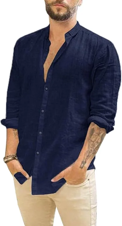 JEKAOYI Men's Roll-Up Sleeve Linen Shirt in Navy