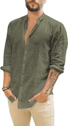 JEKAOYI Men's Roll-Up Sleeve Linen Shirt in Olive Green