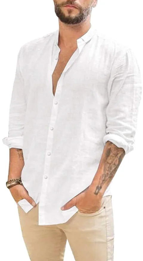 JEKAOYI Men's Roll-Up Sleeve Linen Shirt in White