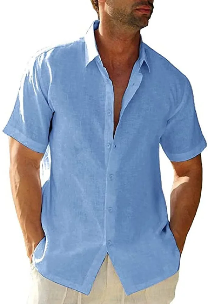 JEKAOYI Men's Solid Linen Short Sleeve Shirt in Blue