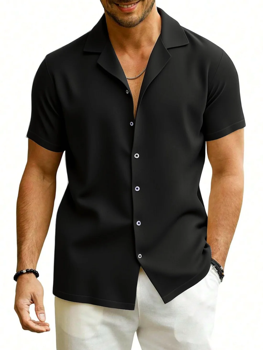 JEKAOYI Men's Stretch Camp Collar Shirt in Black