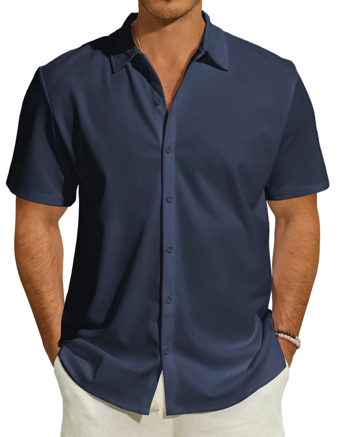 JEKAOYI Men's Stretch Short Sleeve Dress Shirt in Navy