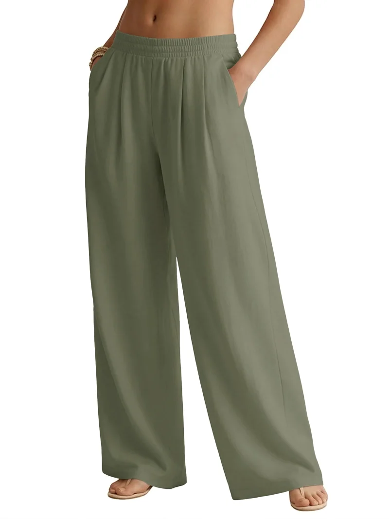 JEKAOYI Pleated Linen-Blend Wide Leg Pant in Army Green