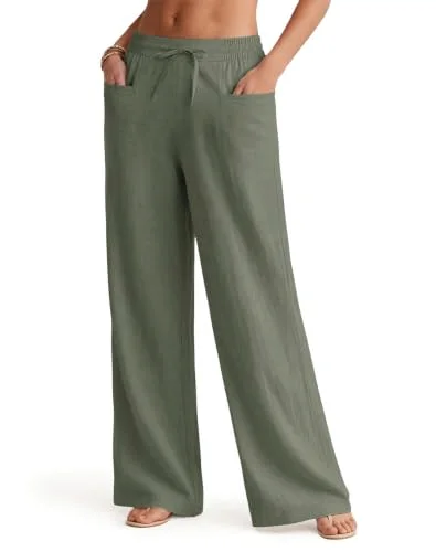 JEKAOYI Pleated Linen-Blend Wide Leg Pant in Green