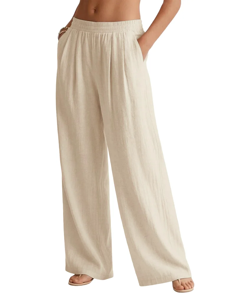 JEKAOYI Pleated Linen-Blend Wide Leg Pant in Khaki