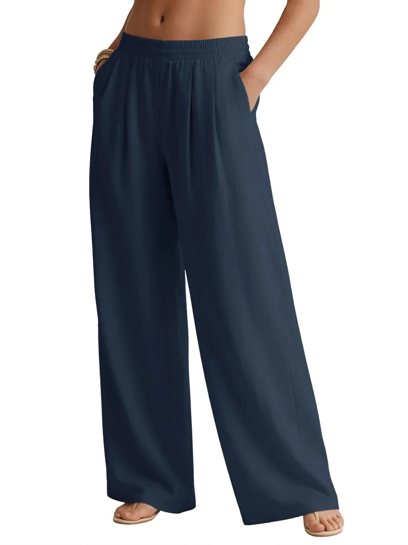 JEKAOYI Pleated Linen-Blend Wide Leg Pant in Navy Blue