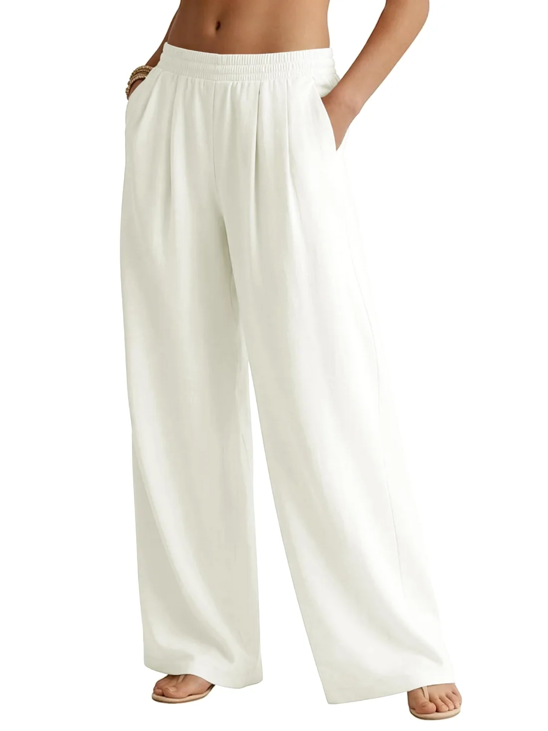 JEKAOYI Pleated Linen-Blend Wide Leg Pant in White
