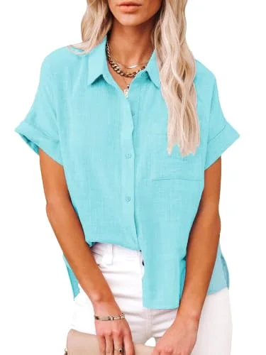 JEKAOYI Pocket Short Sleeve Beach Shirt in Aqua Blue