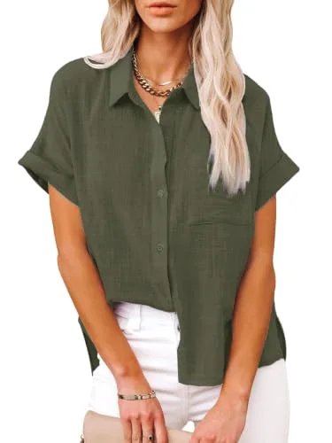 JEKAOYI Pocket Short Sleeve Beach Shirt in Army Green