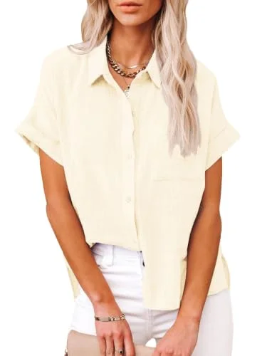 JEKAOYI Pocket Short Sleeve Beach Shirt in Beige