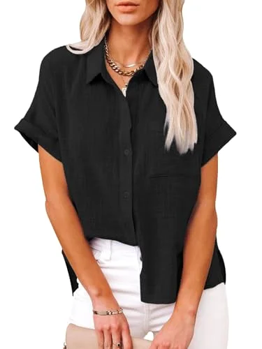 JEKAOYI Pocket Short Sleeve Beach Shirt in Black