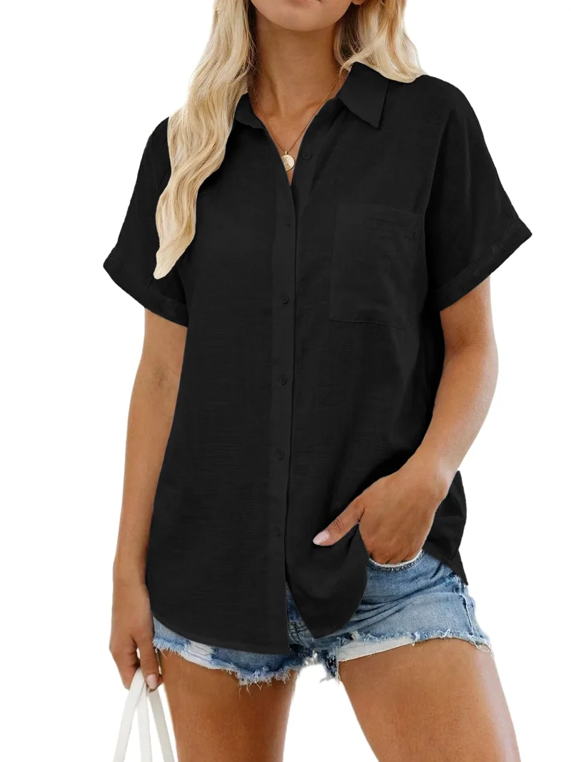 JEKAOYI Pocket Short Sleeve Beach Shirt in Dark Black
