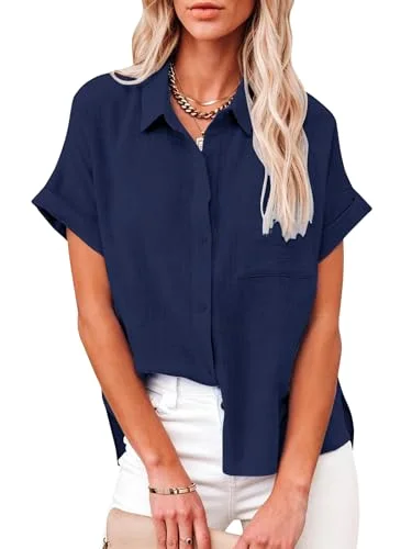 JEKAOYI Pocket Short Sleeve Beach Shirt in Dark Blue