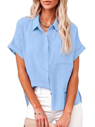 JEKAOYI Pocket Short Sleeve Beach Shirt in Light Blue