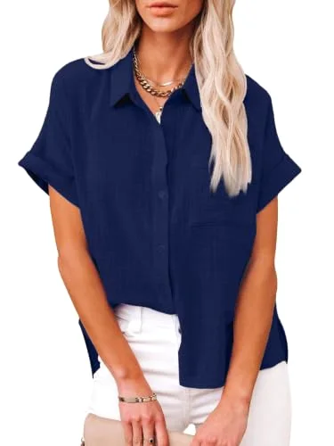 JEKAOYI Pocket Short Sleeve Beach Shirt in Navy Blue