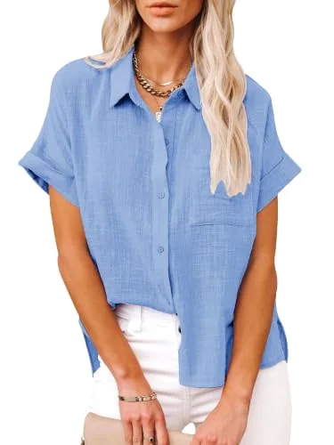 JEKAOYI Pocket Short Sleeve Beach Shirt in Sky Blue