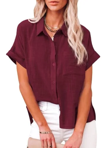 JEKAOYI Pocket Short Sleeve Beach Shirt in Wine Red