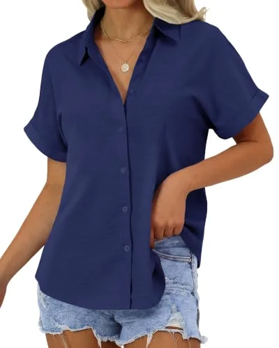 JEKAOYI Roll-Tab Short Sleeve Shirt in Navy