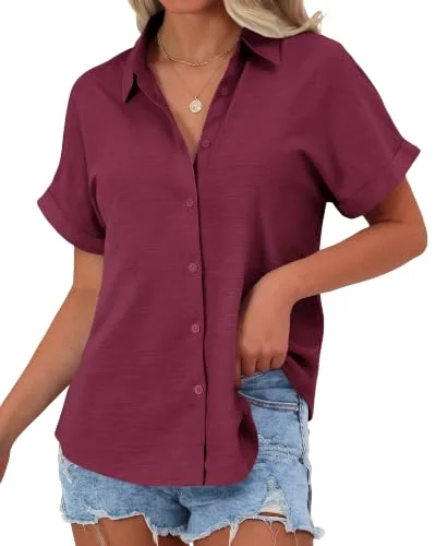 JEKAOYI Roll-Tab Short Sleeve Shirt in Red Wine