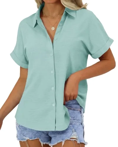 JEKAOYI Roll-Tab Short Sleeve Shirt in Teal