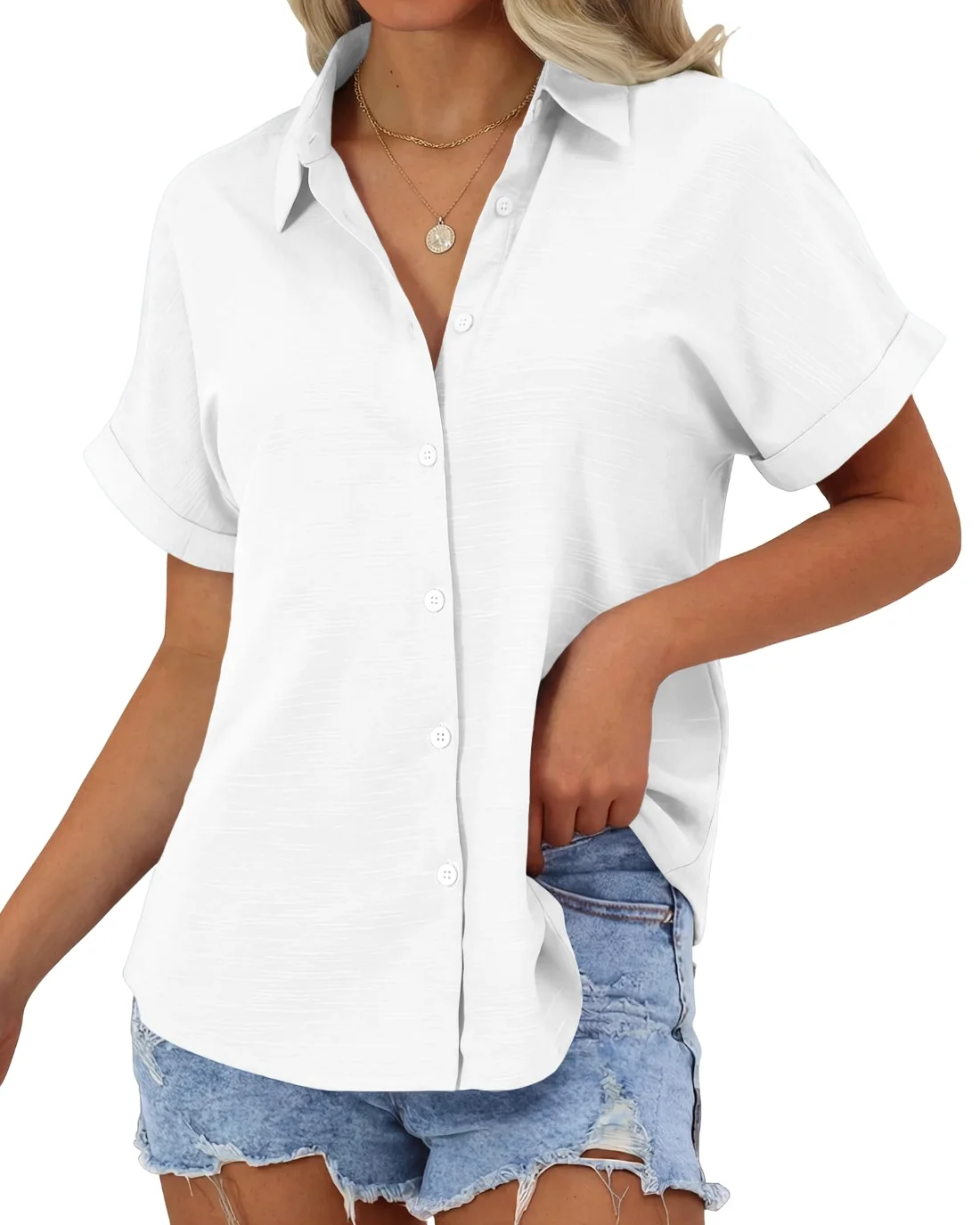 JEKAOYI Roll-Tab Short Sleeve Shirt in White