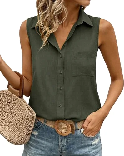 JEKAOYI Sleeveless Button-Down Shirt in Army Green