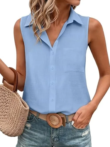 JEKAOYI Sleeveless Button-Down Shirt in Light Blue