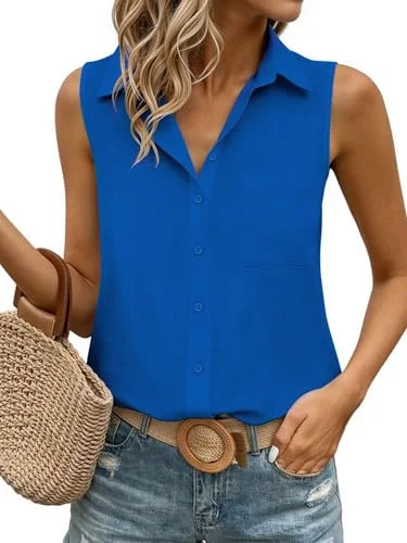 JEKAOYI Sleeveless Button-Down Shirt in Royal Blue