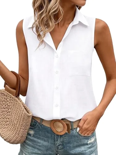 JEKAOYI Sleeveless Button-Down Shirt in White