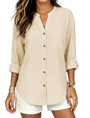 JEKAOYI Striped Long Sleeve Shirt in Beige Stripes