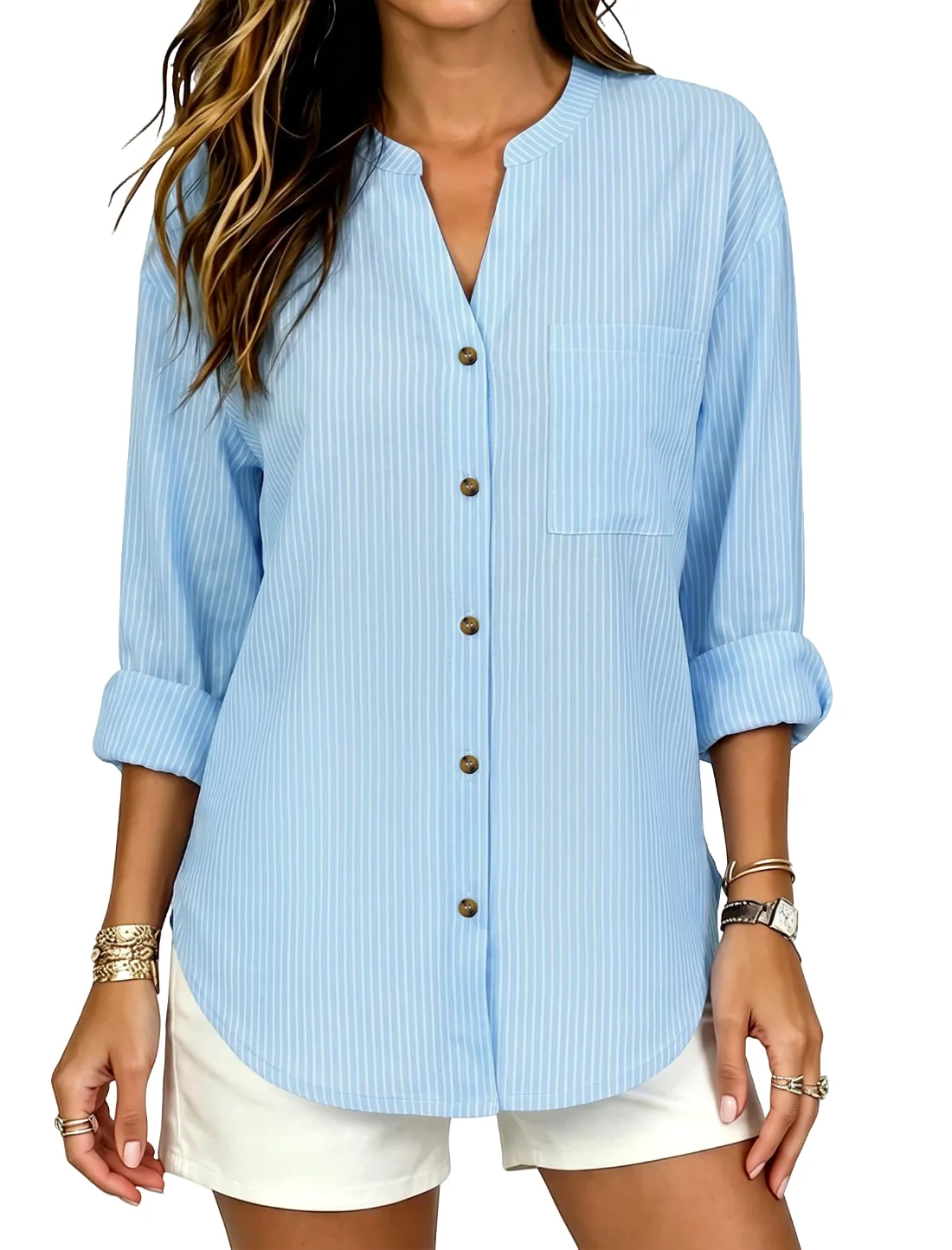 JEKAOYI Striped Long Sleeve Shirt in Blue Stripes