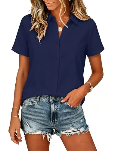 JEKAOYI V-Neck Button-Down Shirt in Navy