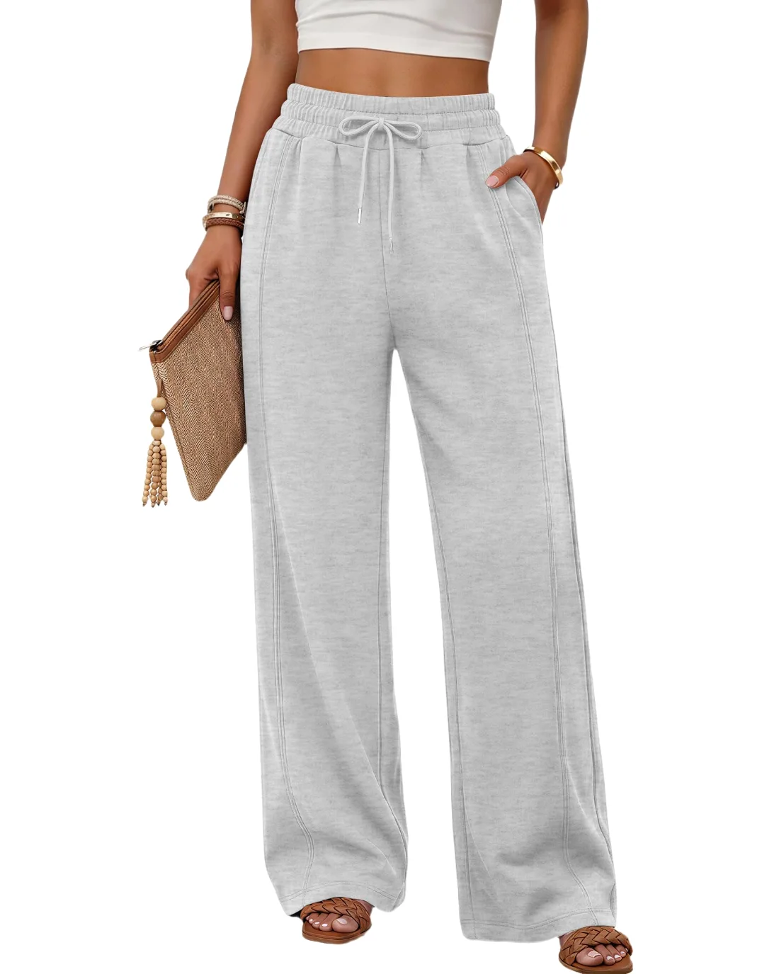 JEKAOYI Wide Leg Track Sweatpant in Light Grey