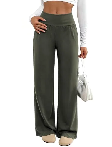 JEKAOYI Wide Waistband Wide Leg Dress Pant in Army Green