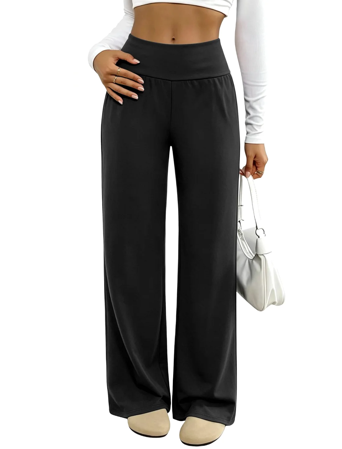 JEKAOYI Wide Waistband Wide Leg Dress Pant in Black